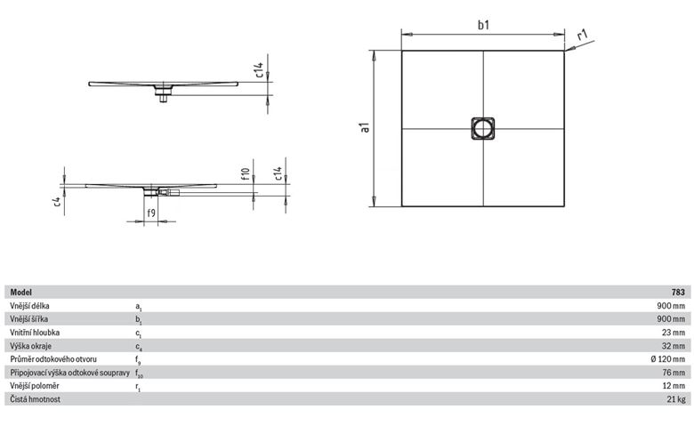 KALDEWEI CONOFLAT 783-1 sprchová vanička 90x90 cm, smaltovaná ocel, bez nosiče, Perl Effekt 465300013001 Technický nákres