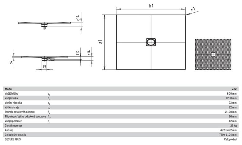 KALDEWEI CONOFLAT 782-1 sprchová vanička 80x120 cm, smaltovaná ocel, bez nosiče, celoplošný Antislip 465230020001 Technický nákres