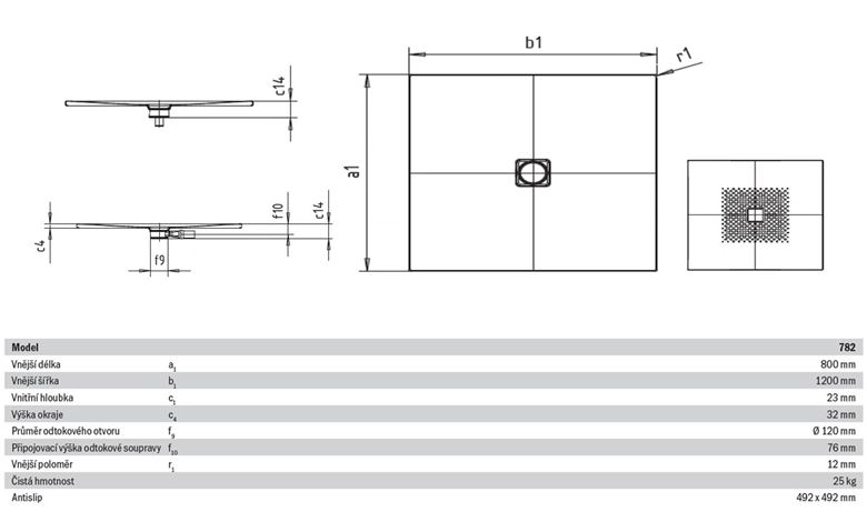 KALDEWEI CONOFLAT 782-1 sprchová vanička 80x120 cm, smaltovaná ocel, bez nosiče, Antislip 465230000001 Technický nákres