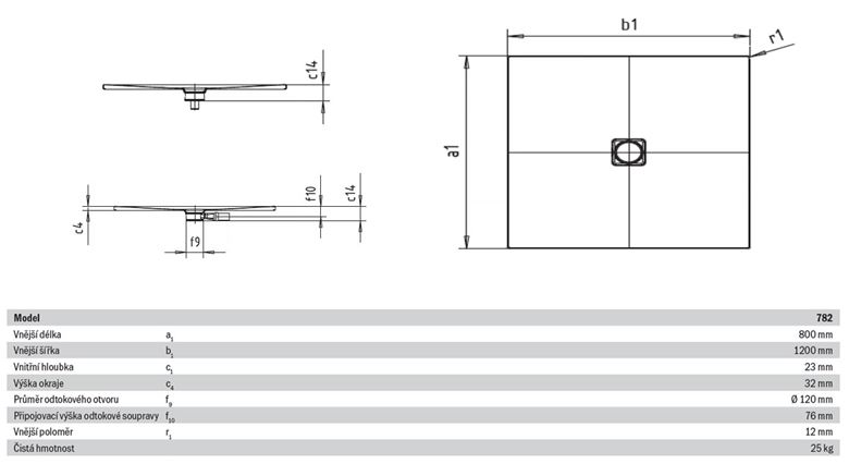 KALDEWEI CONOFLAT 782-1 sprchová vanička 80x120 cm, smaltovaná ocel, bez nosiče 465200010001 Technický nákres