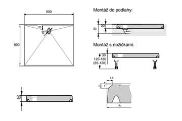 HÜPPE EASY STEP sprchová vanička 80x80 cm, litý mramor, bez nožiček 215010.055 Technický nákres