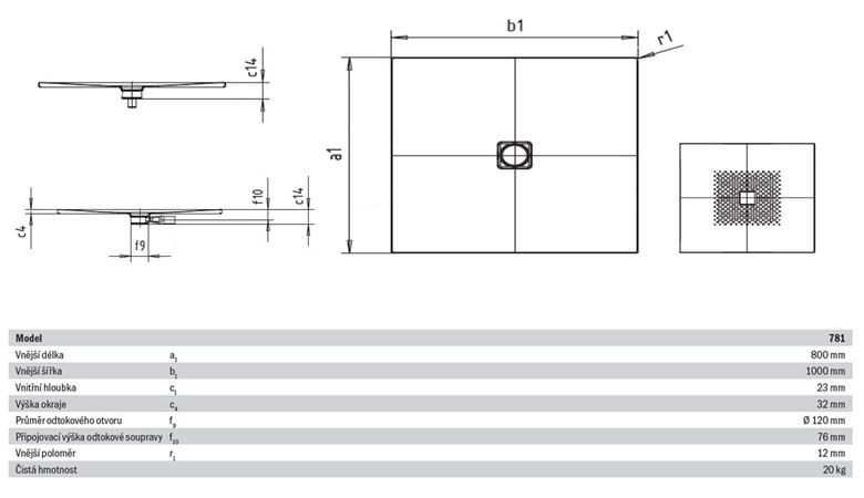 KALDEWEI CONOFLAT 781-1 sprchová vanička 80x100 cm, smaltovaná ocel, bez nosiče, Antislip 465130000001 Technický nákres