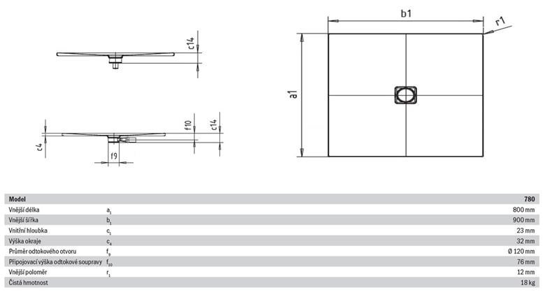 KALDEWEI CONOFLAT 780-1 sprchová vanička 80x90 cm, smaltovaná ocel, bez nosiče, Perl Effekt 465000013001 Technický nákres