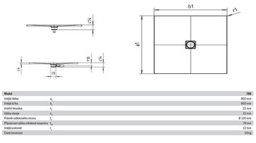 KALDEWEI CONOFLAT 780-1 sprchová vanička 80x90 cm, smaltovaná ocel, bez nosiče, Perl Effekt 465000013001 Technický nákres