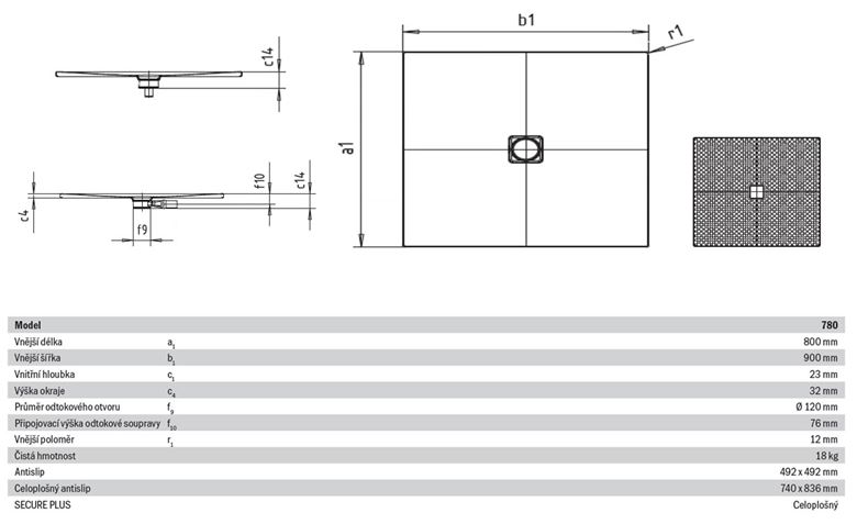 KALDEWEI CONOFLAT 780-1 sprchová vanička 80x90 cm, smaltovaná ocel, bez nosiče, celoplošný Antislip 465030020001 Technický nákres