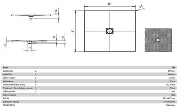 KALDEWEI CONOFLAT 780-1 sprchová vanička 80x90 cm, smaltovaná ocel, bez nosiče, celoplošný Antislip 465030020001 Technický nákres