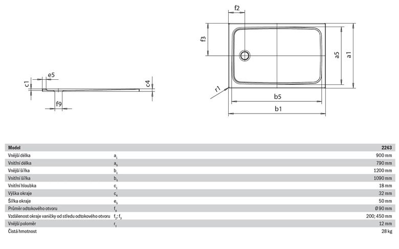 KALDEWEI CAYONOPLAN 2263-1 sprchová vanička 90x120 cm, smaltovaná ocel, bez nosiče 362300010001 Technický nákres