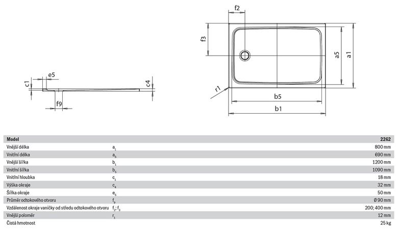 KALDEWEI CAYONOPLAN 2262-1 sprchová vanička 80x120 cm, smaltovaná ocel, bez nosiče 362200010001 Technický nákres