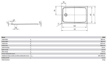 KALDEWEI CAYONOPLAN 2262-1 sprchová vanička 80x120 cm, smaltovaná ocel, bez nosiče 362200010001 Technický nákres