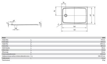 KALDEWEI CAYONOPLAN 2255-1 sprchová vanička 75x100 cm, smaltovaná ocel, bez nosiče 361500010001 Technický nákres