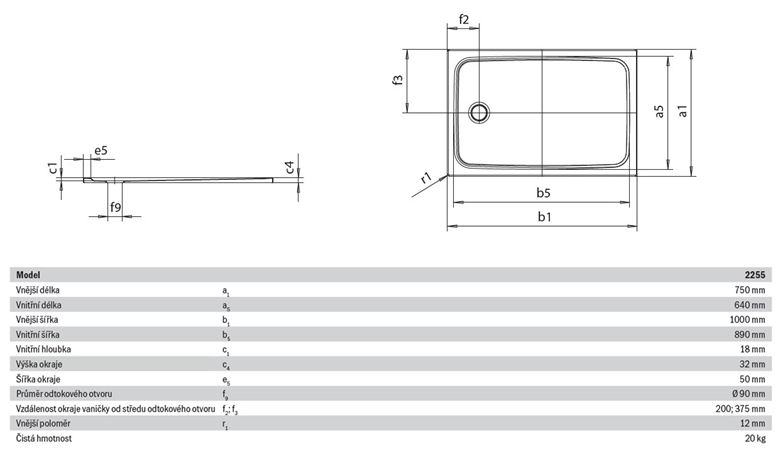 KALDEWEI CAYONOPLAN 2255-1 sprchová vanička 75x100 cm, smaltovaná ocel, bez nosiče 361500010001 Technický nákres