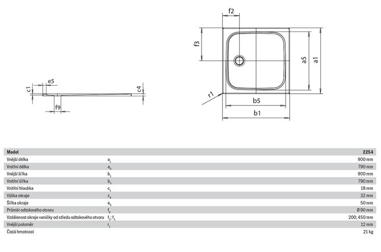KALDEWEI CAYONOPLAN 2254-1 sprchová vanička 90x90 cm, smaltovaná ocel, bez nosiče 361400010001 Technický nákres