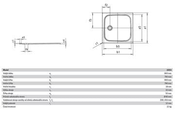 KALDEWEI CAYONOPLAN 2254-1 sprchová vanička 90x90 cm, smaltovaná ocel, bez nosiče 361400010001 Technický nákres