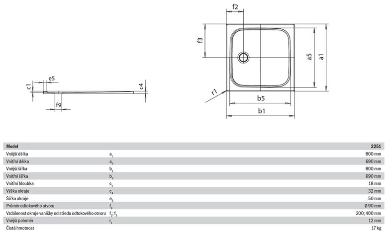KALDEWEI CAYONOPLAN 2251-1 sprchová vanička 80x80 cm, smaltovaná ocel, bez nosiče 361100010001 Technický nákres