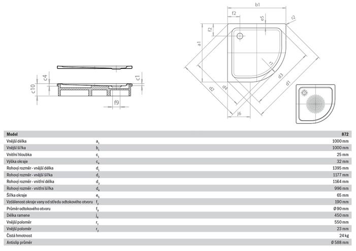 KALDEWEI ARRONDO 872-1 sprchová vanička 100x100 cm, R550, smaltovaná ocel, bez nosiče, Perl Effekt, Antislip 460230003001 Technický nákres