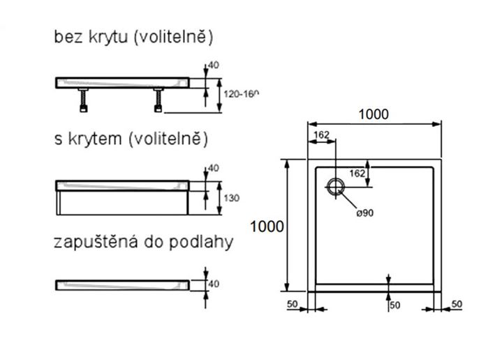 HÜPPE PURANO sprchová vanička 100x100 cm, litý mramor, bez nožiček, protiskluz 202162.055 Technický nákres
