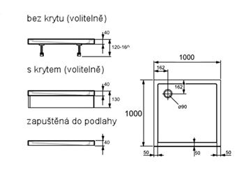 HÜPPE PURANO sprchová vanička 100x100 cm, litý mramor, bez nožiček, protiskluz 202162.055 Technický nákres