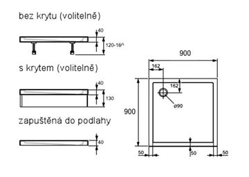 HÜPPE PURANO sprchová vanička 90x90 cm, litý mramor, bez nožiček, s protiskluzem 202161.055 Technický nákres