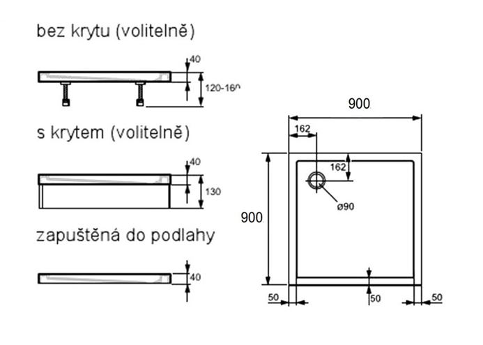 HÜPPE PURANO sprchová vanička 90x90 cm, litý mramor, bez nožiček, s protiskluzem 202161.055 Technický nákres