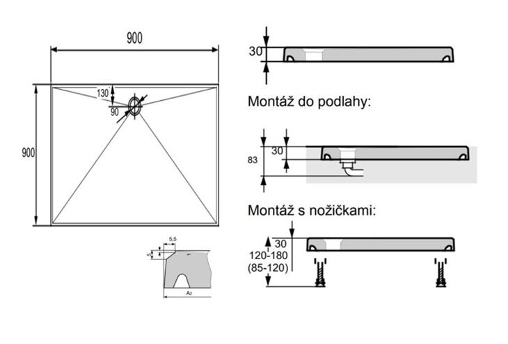HÜPPE EASY STEP sprchová vanička 90x90 cm, litý mramor, bez nožiček 215021.055 Technický nákres