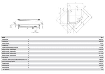 KALDEWEI ARRONDO 870-2 sprchová vanička 90x90 cm, R550, smaltovaná ocel, s nosičem 460048040001 Technický nákres