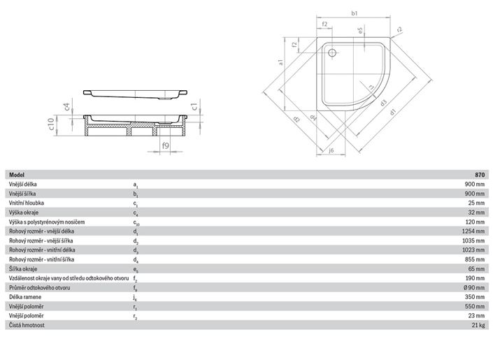 KALDEWEI ARRONDO 870-2 sprchová vanička 90x90 cm, R550, smaltovaná ocel, s nosičem 460048040001 Technický nákres