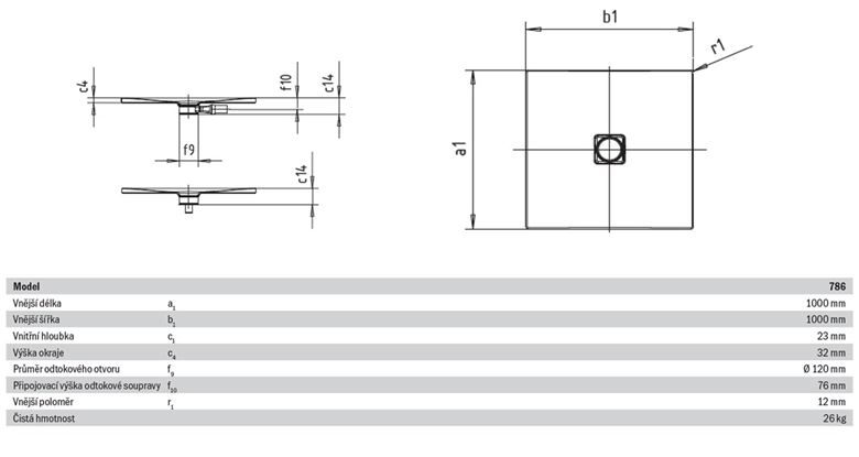 KALDEWEI CONOFLAT 786-1 sprchová vanička 100x100 cm, smaltovaná ocel, bez nosiče 465600010001 Technický nákres