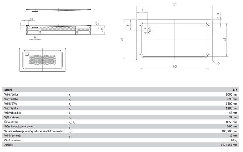 KALDEWEI SUPERPLAN XXL 412-1 sprchová vanička 100x140 cm, smaltovaná ocel, bez nosiče, Antislip 431230000001 Technický nákres