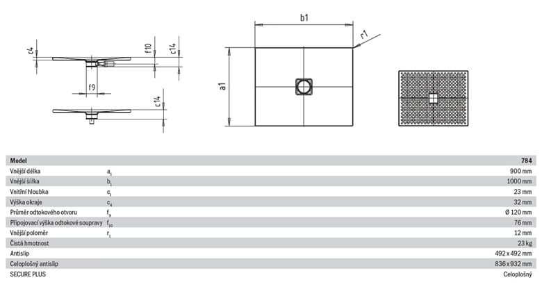KALDEWEI CONOFLAT 784-1 sprchová vanička 90x100 cm, smaltovaná ocel, bez nosiče, celoplošný Antislip 465430020001 Technický nákres