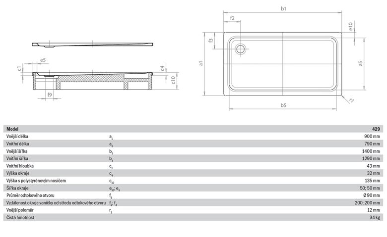 KALDEWEI SUPERPLAN XXL 429-2 sprchová vanička 90x140 cm, smaltovaná ocel, s nosičem 432948040001 Technický nákres