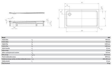 KALDEWEI SUPERPLAN XXL 429-2 sprchová vanička 90x140 cm, smaltovaná ocel, s nosičem 432948040001 Technický nákres