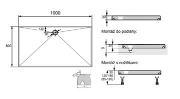 HÜPPE EASY STEP sprchová vanička 100x80 cm, litý mramor, bez nožiček 215012.055 Technický nákres