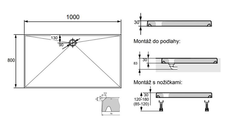 HÜPPE EASY STEP sprchová vanička 100x80 cm, litý mramor, bez nožiček 215012.055 Technický nákres