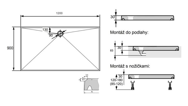 HÜPPE EASY STEP sprchová vanička 120x90 cm, litý mramor, bez nožiček 215024.055 Technický nákres