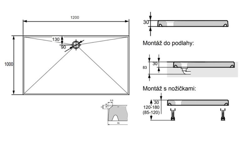 HÜPPE EASY STEP sprchová vanička 120x100 cm, litý mramor, bez nožiček 215034.055 Technický nákres