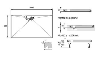 HÜPPE EASY STEP sprchová vanička 100x90 cm, litý mramor, bez nožiček 215022.055 Technický nákres