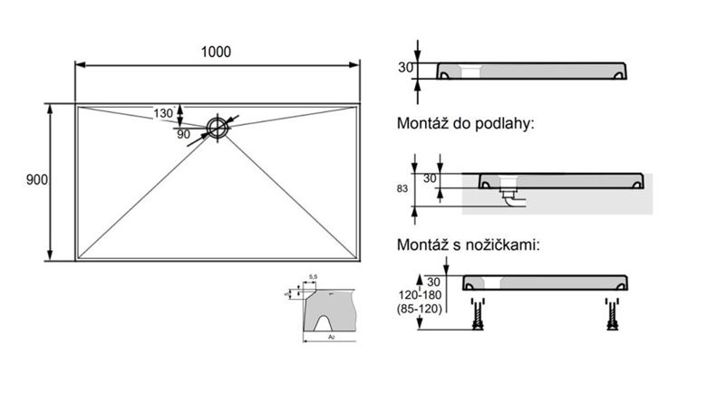 HÜPPE EASY STEP sprchová vanička 100x90 cm, litý mramor, bez nožiček 215022.055 Technický nákres