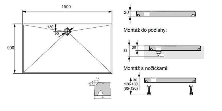 HÜPPE EASY STEP sprchová vanička 150x90 cm, litý mramor, bez nožiček 215121.055 Technický nákres