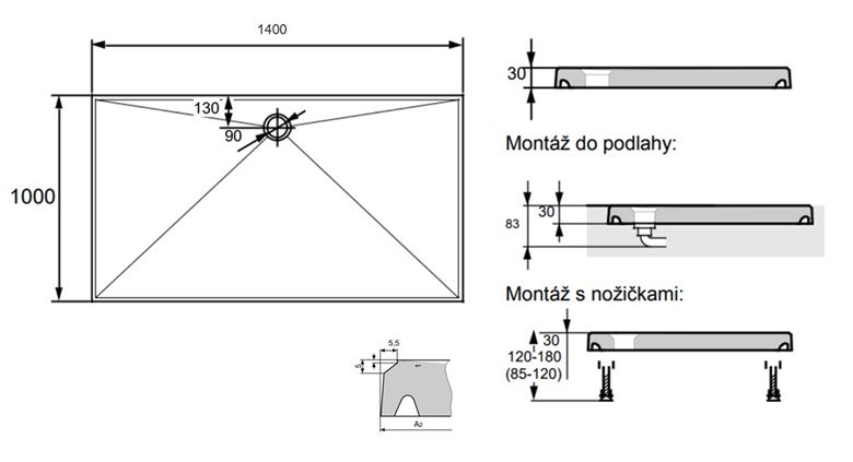 HÜPPE EASY STEP sprchová vanička 140x100 cm, litý mramor, bez nožiček 215130.055 Technický nákres