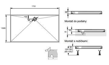 HÜPPE EASY STEP sprchová vanička 170x100 cm, litý mramor, bez nožiček 215231.055 Technický nákres