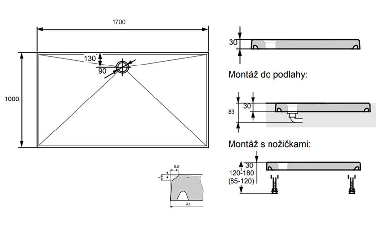 HÜPPE EASY STEP sprchová vanička 170x100 cm, litý mramor, bez nožiček 215231.055 Technický nákres