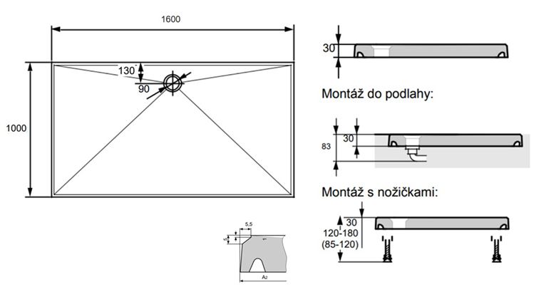 HÜPPE EASY STEP sprchová vanička 160x100 cm, litý mramor, bez nožiček 215230.055 Technický nákres