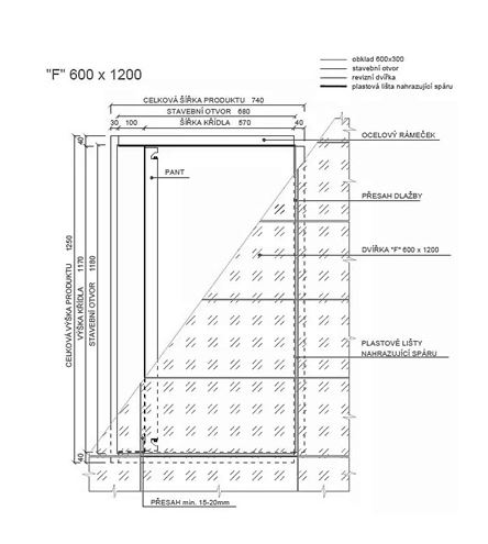 ZAVRZ revizní dvířka 600x1200 mm, pod obklad, s tlačným otevíráním, pravé FK600x1200 Technický nákres