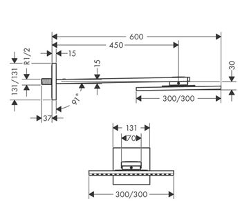 AXOR SHOWER SOLUTIONS 300/300 1JET horní sprcha 300x300 mm, s ramenem, chrom 35314000 Technický nákres