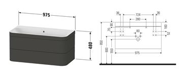 DURAVIT HAPPY D.2 skříňka s umyvadlem 97,5x49x48 cm, 2 zásuvky, Push-open, grafit super mat HP4638N8080 Technický nákres