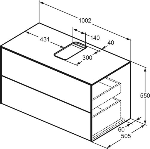 IDEAL STANDARD CONCA skříňka pod umyvadlo 100,2x50,5x55 cm, 2 zásuvka, Push-open, světlý dub T3942Y6 Technický nákres