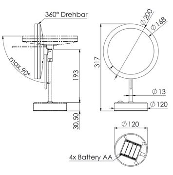 STEINBERG 650 kosmetické zrcátko 200 mm, zvětšovací, s osvětlením, chrom 650 9300 Technický nákres