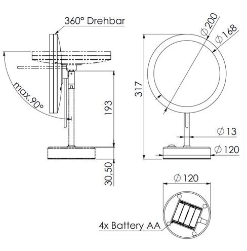 STEINBERG 650 kosmetické zrcátko 200 mm, zvětšovací, s osvětlením, chrom 650 9300 Technický nákres