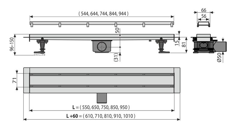 ALCA APZ13-DOUBLE9 FIT AND GO sprchový žlab 650 mm, do prostoru i ke stěně, boční odtok DN 50, rošt DOUBLE, nerez ocel APZ13-DOUBLE9-650 Technický nákres