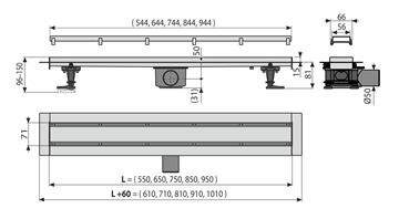 ALCA APZ13-DOUBLE9 FIT AND GO sprchový žlab 650 mm, do prostoru i ke stěně, boční odtok DN 50, rošt DOUBLE, nerez ocel APZ13-DOUBLE9-650 Technický nákres